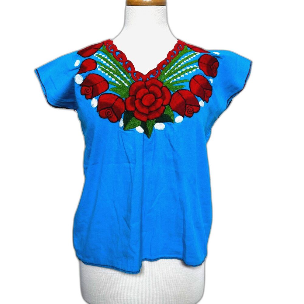 Mexican Turquoise Rose Embroidered V-Neck Handmade Artisan Top - Women M